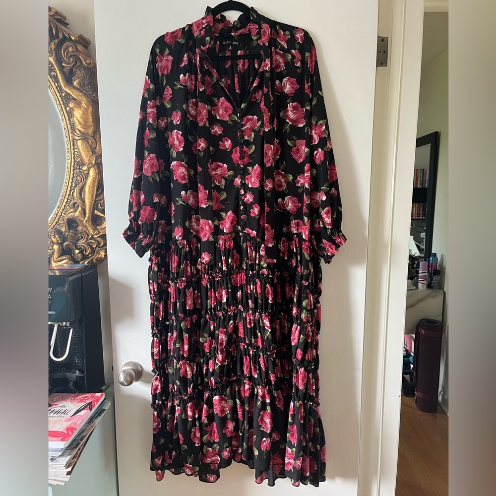 Sister Jane Black Floral Tiered Midi Dress with Pink Roses